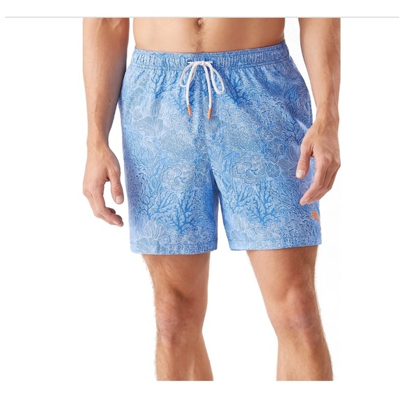 Tommy Bahama Mens Naples Coral Coast Swim Trunks Blue Print Logo Fish Lined 1XLB - Picture 1 of 14